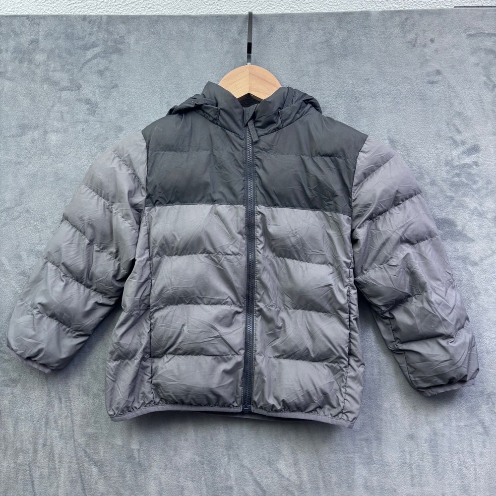 Uniqlo Kids Puffer Jacket Grey Black Colorblock Hooded Quilted Coat Size 3-4